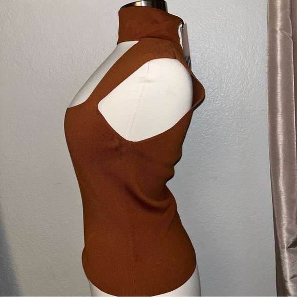 NEW ZARA Burnt Dark Orange Cut Out Choker Turtleneck Top Stretch Blouse - Picture 6 of 13
